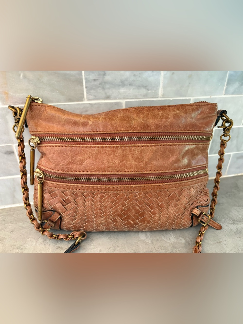 Elliott Lucca brown woven leather crossbody bag